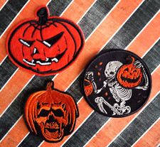 Halloween Pumpkin Dancing Skeleton with Pumpkins Embroidered iron on Patch Set picture