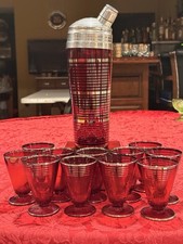 1930s Paden City Ruby Red Art Deco Cocktail Shaker W/ Set Of 11 Matching Glass picture