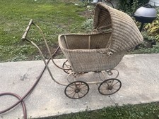 Vintage Brown Wicker & Metal Baby Carriage Pram Buggy w/ Canopy, 4 Wheel picture
