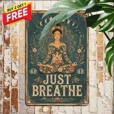 Yoga Girl Just Breathe Lotus Sign Funny Zen Meditation Metal Tin Plaque picture