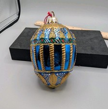 Vintage Spode Hand-Blown Glass Egg Christmas Ornament – Blue & Gold Faberge picture