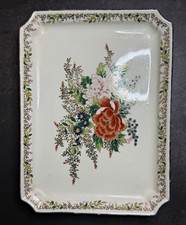 Vintage Japanese Porcelain Rectangle Trinket Tray Peony Chrysanthemum Gold Trim picture