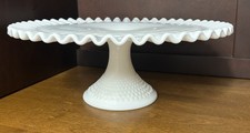 Fenton Cake Stand White Milk Glass Hobnail Ruffled Pedestal Vintage 13” picture