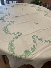 Vtg Cross Stitch Tablecloth Green Off-White Linen Tablecloth 46x66” Floral Heart picture