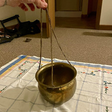 Vintage GATCO Solid Brass Hammered Hanging Round Planter Pot Made in India picture