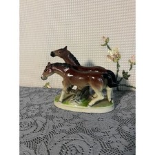 Vintage Japan Porcelain Horse Figurine Pair Brown Bay Mare Foal Oval Base 6 in picture