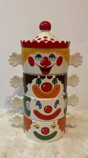 Vintage 1980s Stackable Ceramic Clown Soup Bowls Set of 4 with Hat Lid Japan picture