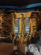 Vintage Native American Medicine Untilty Leather Pouch Bag Fringe Woven Stripe  picture
