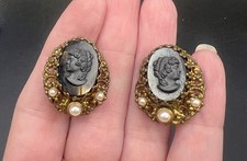 Germany Cameo Clip On Earrings Faux Pearl Filigree Gold Tone Vtg picture