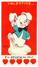 Vintage Valentine Card, BUNNY STUCK ON GLUE 