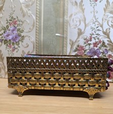 Hollywood Regency Gold  Napkin Holder MCM Woven Metal VTG Footed With Napkins picture
