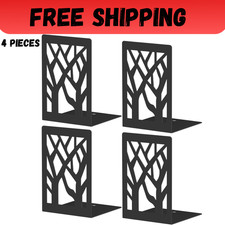 Bookends 4 Pieces, Modern Metal Bookends for Shelves, Black Tree Book Ends for B picture