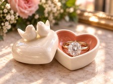 Minimalist Ceramic Heart Jewelry Box Love Birds Doves Ivory Pink Interior Gift picture