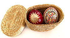 Vintage Czech Set of 2 Eggs One Painted Egg One Straw Inlay Egg in Straw Basket picture
