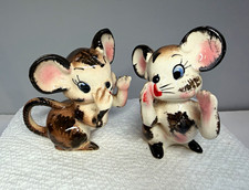 Vintage gossiping mice salt and pepper, shakers ceramic MCM big ears, corks picture