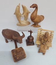 Vtg Folk Art Wood Figurines Hand Carved Figures Statue Animals People Lot Of 6 picture