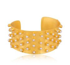 Gemstone Wide Cuff Yellow Gold Plated Multi stone Brass Pearl Tower Bracelet picture