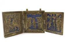 Antique c.19th century Central Russian School brass enamel folding triptych picture