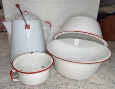 Vtg Lot Red & White Enamelware Lg Kettle Lg Sm Basins Farmhouse Cowboy Coffee picture