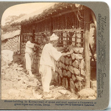 Korea, House Building, Stone & Mud On Grass Ropes,Seoul-Underwood Stereoview A98 picture