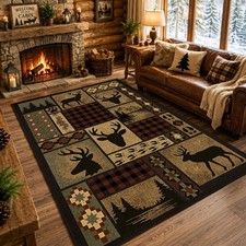 Deer Rug 5x8 ft, Rustic Lodge Cabin Wildlife Rug with Buffalo Plaid, Washable... picture