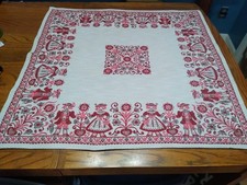 Vtg Austrian Folk Art  Embroidered Tablecloth Red Cream Cotton Linen 35