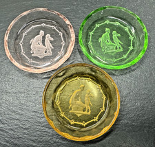 3 VINTAGE ROUND GLASS INTAGLIO CHERUB & SEATED FEMALE OPEN SALT CELLARS N299 picture