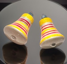 2 - SHINY BRITE Mica Sugar Striped YELLOW RED Mercury Glass Bell Ornament 3in picture