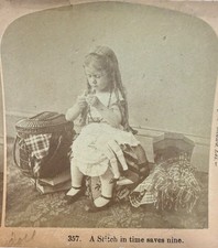 Antique View Stereoview Girl Sewing Clothes Photograph picture