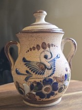 Vintage Tonala Pottery Mexico Lidded Jar Bird & Floral Folk Art  picture