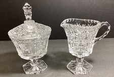 Fancy Vintage Pressed Clear Glass Heavy Pedestal Creamer And Lidded Sugar picture
