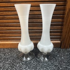 Set Of 2 Vintage 9”Tall White Opaline Bud Vase With Clear Footed Bottom picture