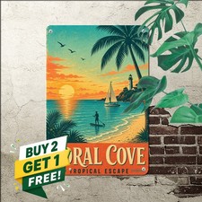 Sailboat Sunset Palm Framing Tin Sign Tropical Island Beach Wall Art 8x12 picture