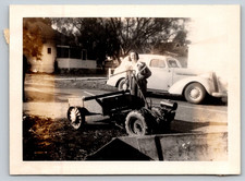 Vintage Sept 1948 Photo Walk Behind Garden Tractor Dump Cart 1940s Car 4.5x3.25 picture