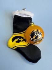 2 Iowa Hawkeyes Christmas Ornament Blown Glass Ornament Fabric Stocking Ornament picture