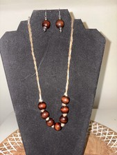 Vintage Wood Bead Necklace and Matching Earrings picture