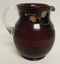 Fenton Glassware Handpainted Vision on Leaves Aubergine Ribbed Pitcher Kibbe 7.5 picture
