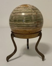 Round Marble 4” Orb On Brass Stand - Vintage Boho Decor picture