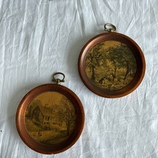 Vintage WOODCROFTERY Framed Round Print Plaques Wall Wood Art - 2 (3.5 inch) picture