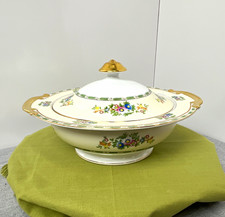 Vtg 1930s Meito China Round Covered Vegetable Bowl Floral Gold Handles Japan picture