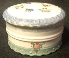 Vintage, Porcelain, Round Lidded Trinket Dish, Light Blue, Green, Floral, Japan picture