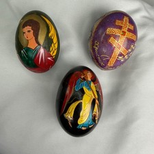 Vintage Russian Orthodox Lacquer Easter Eggs Set of 3 Hand Painted Angel Cross picture