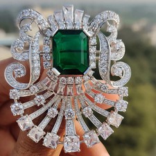 Emerald Gemstones & Diamond Brooch Pin In 14K White Gold Plated For Men/Women's picture