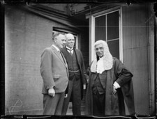 Judge Levy in full court wig and robes with two men, NSW, 1930s Old Photo picture