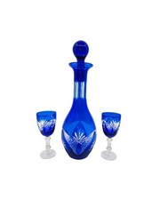 Vintage Cobalt Blue Cut to Clear Crystal Decanter Set 2 Cordial Glasses picture