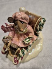 Mouse On Sleigh DONNA LITTLE for ENESCO 1999. Pink Dress. Whimsical picture