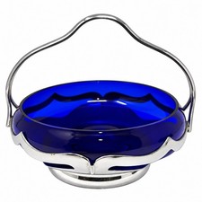 Vintage Farber Bros Cobalt Blue Glass Chrome Basket Bowl Art Deco picture