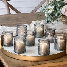 Smoke Gray Vintage Glass Tealight Votive Candle Holders with Fleur de Lis picture