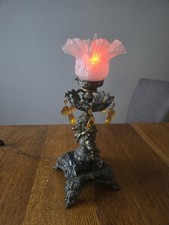 Vtge Hollywood Regency Cherub Table Lamp amber Crystals Frosted Ruffled Shade picture