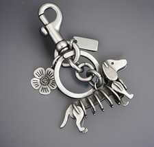 Dachshund Skeleton Dog Bag Charm Keychain Antique Silver + Velvet Dust Bag picture